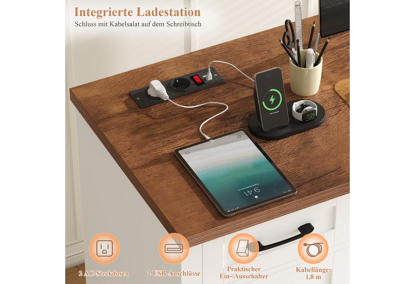 Homfa Schreibtisch mit Steckdose Computertisch mit Schubladen 150 x 48 cm, Schreibtisch mit Stauraum, Schminktisch, 2 AC und 2 USB, weiß – Bild 4 von 5