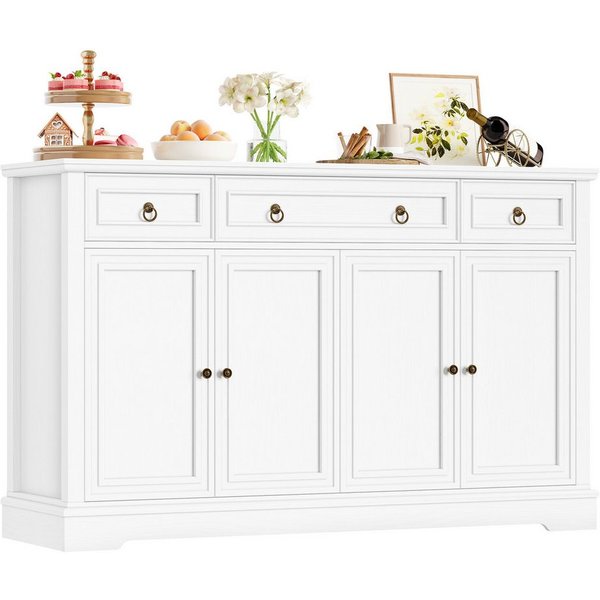 Homfa Sideboard für Wohnzimmer Küche, Küchenschrank Buffetschrank mit 3 Schubladen 4 Türen TV-Schrank weiß