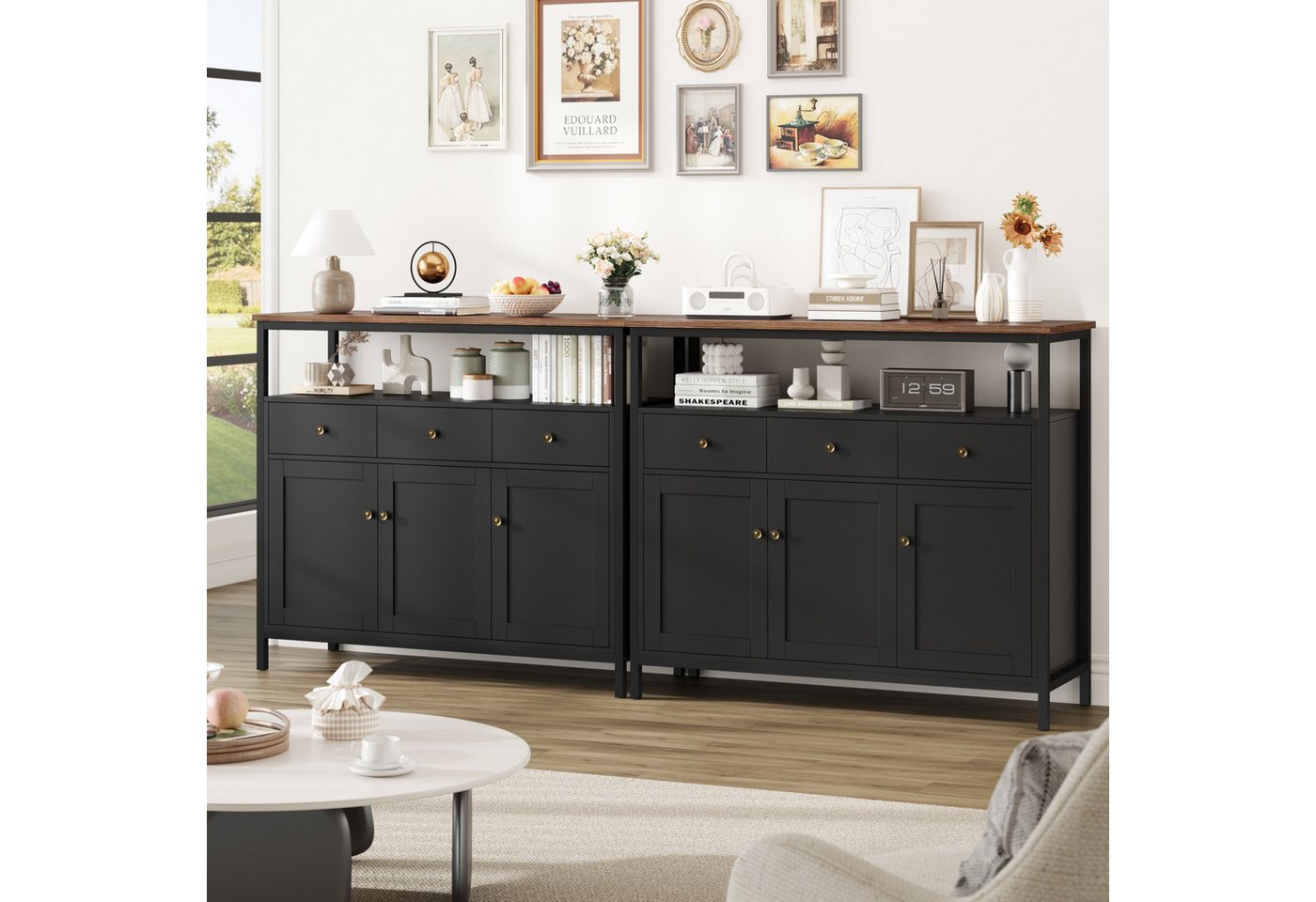 Homfa Sideboard Küchenschrank, mit 3 Schubladen 3 Türen Buffetschrank weiß 108x38x98,5cm – Bild 2 von 5