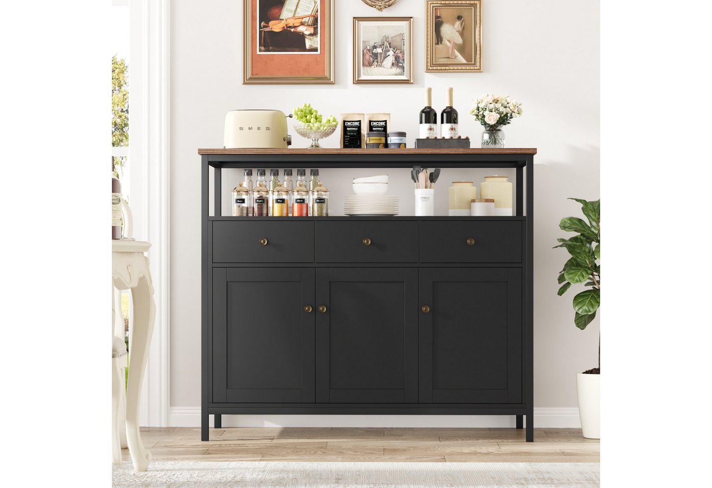 Homfa Sideboard Küchenschrank, mit 3 Schubladen 3 Türen Buffetschrank weiß 108x38x98,5cm – Bild 3 von 5