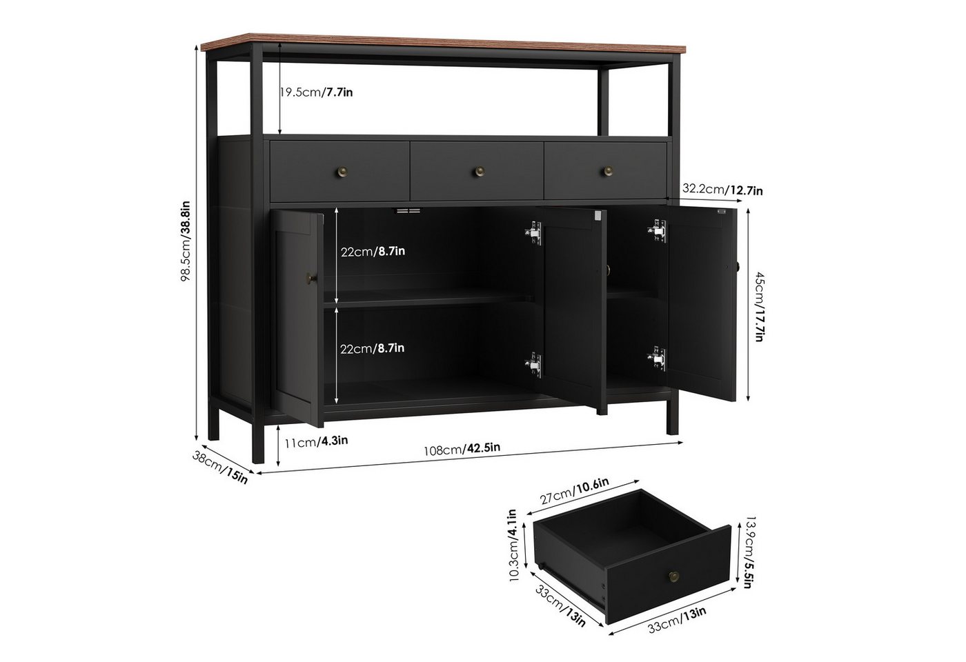Homfa Sideboard Küchenschrank, mit 3 Schubladen 3 Türen Buffetschrank weiß 108x38x98,5cm – Bild 4 von 5