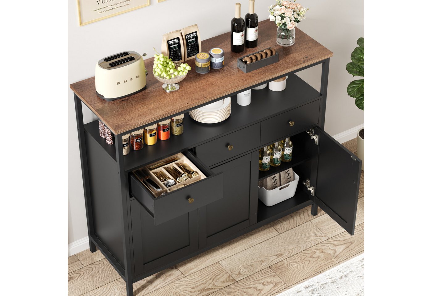 Homfa Sideboard Küchenschrank, mit 3 Schubladen 3 Türen Buffetschrank weiß 108x38x98,5cm – Bild 5 von 5