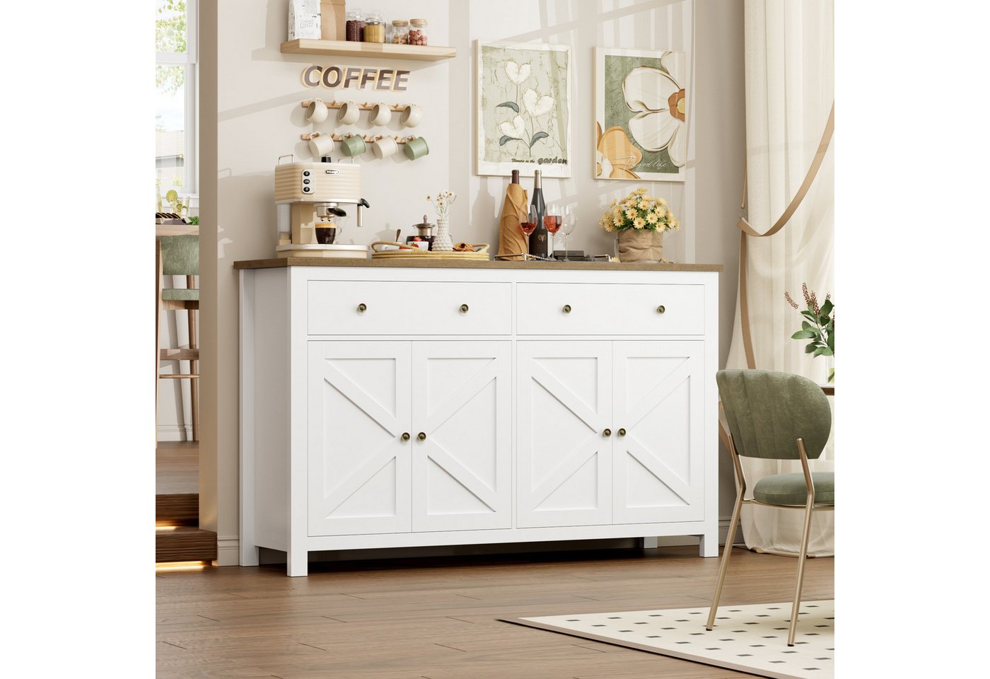 Homfa Sideboard Küchenschrank, mit 2 Schubladen 4 Türen, verstellbare Ablage, Breite 140 cm – Bild 2 von 5