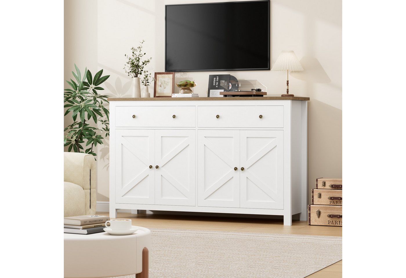 Homfa Sideboard Küchenschrank, mit 2 Schubladen 4 Türen, verstellbare Ablage, Breite 140 cm – Bild 3 von 5