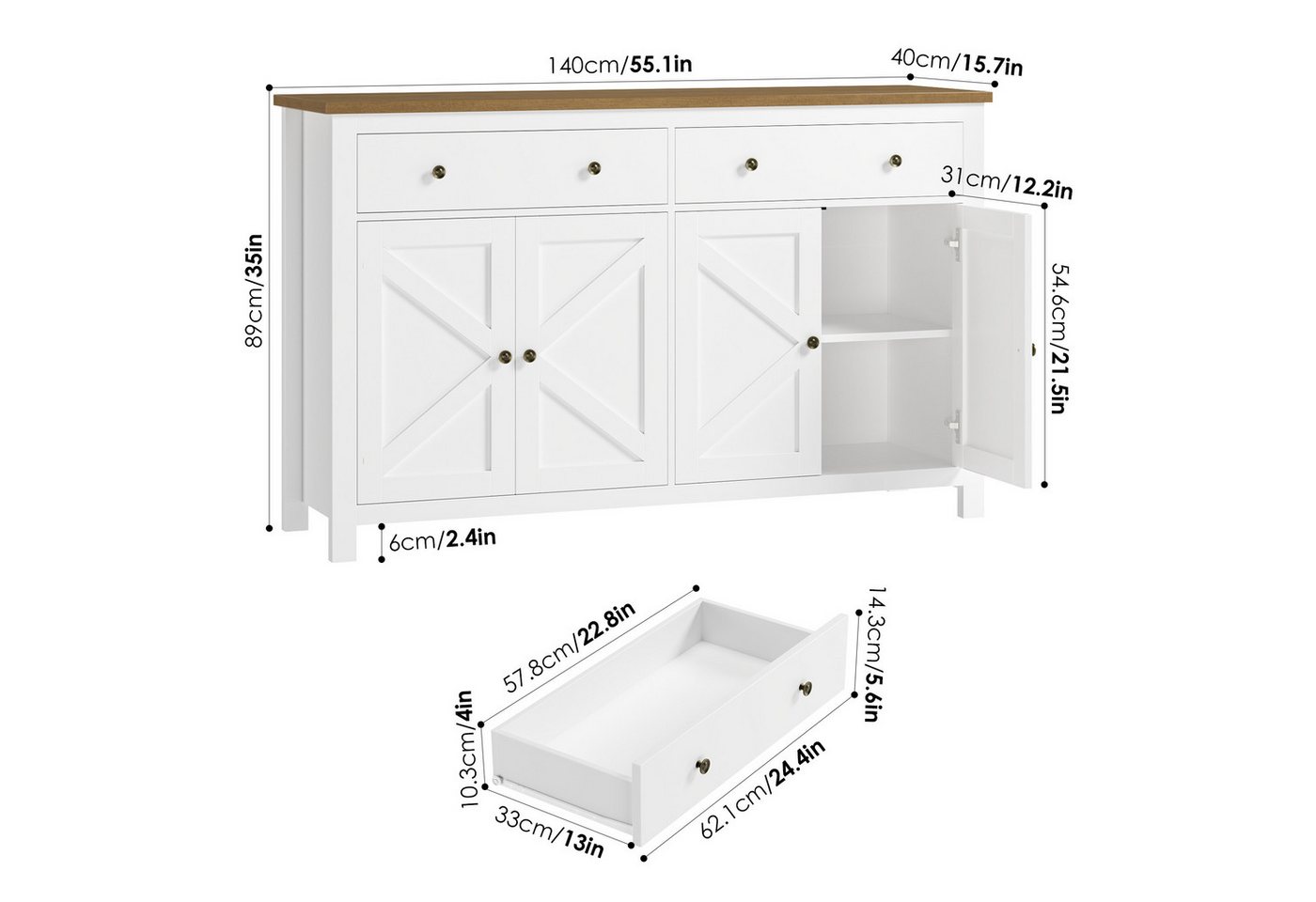 Homfa Sideboard Küchenschrank, mit 2 Schubladen 4 Türen, verstellbare Ablage, Breite 140 cm – Bild 4 von 5