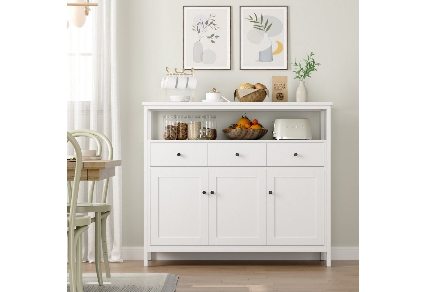 Homfa Sideboard Küchenschrank, mit 3 Schubladen 3 Türen Buffetschrank weiß 108x38x98,5cm – Bild 2 von 5