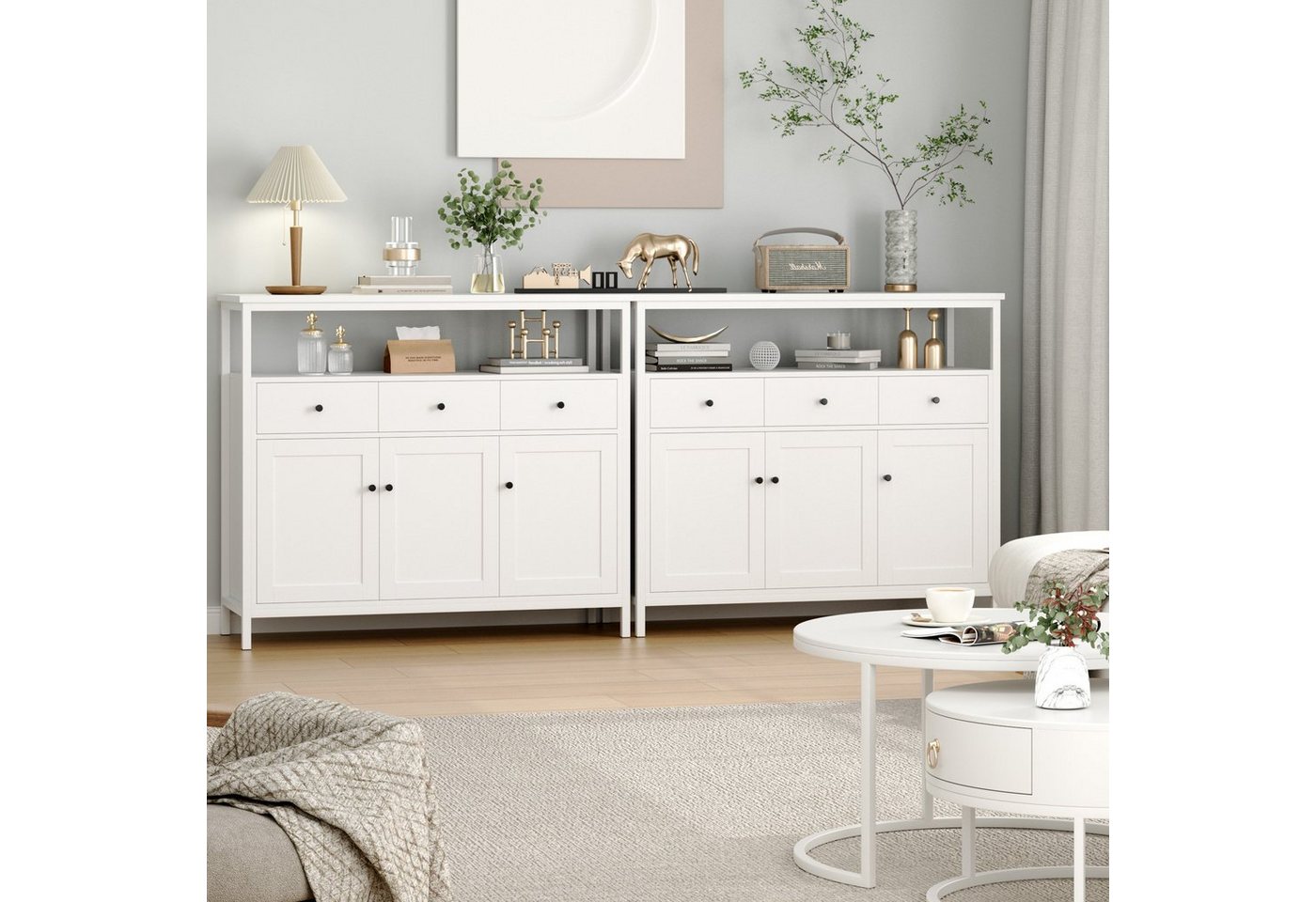 Homfa Sideboard Küchenschrank, mit 3 Schubladen 3 Türen Buffetschrank weiß 108x38x98,5cm – Bild 3 von 5