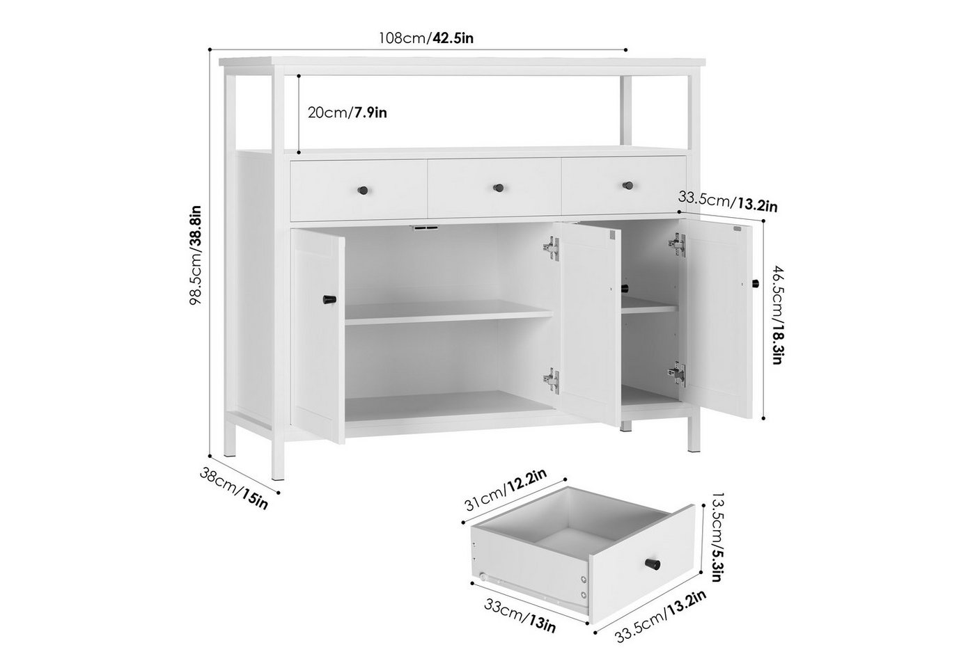 Homfa Sideboard Küchenschrank, mit 3 Schubladen 3 Türen Buffetschrank weiß 108x38x98,5cm – Bild 4 von 5