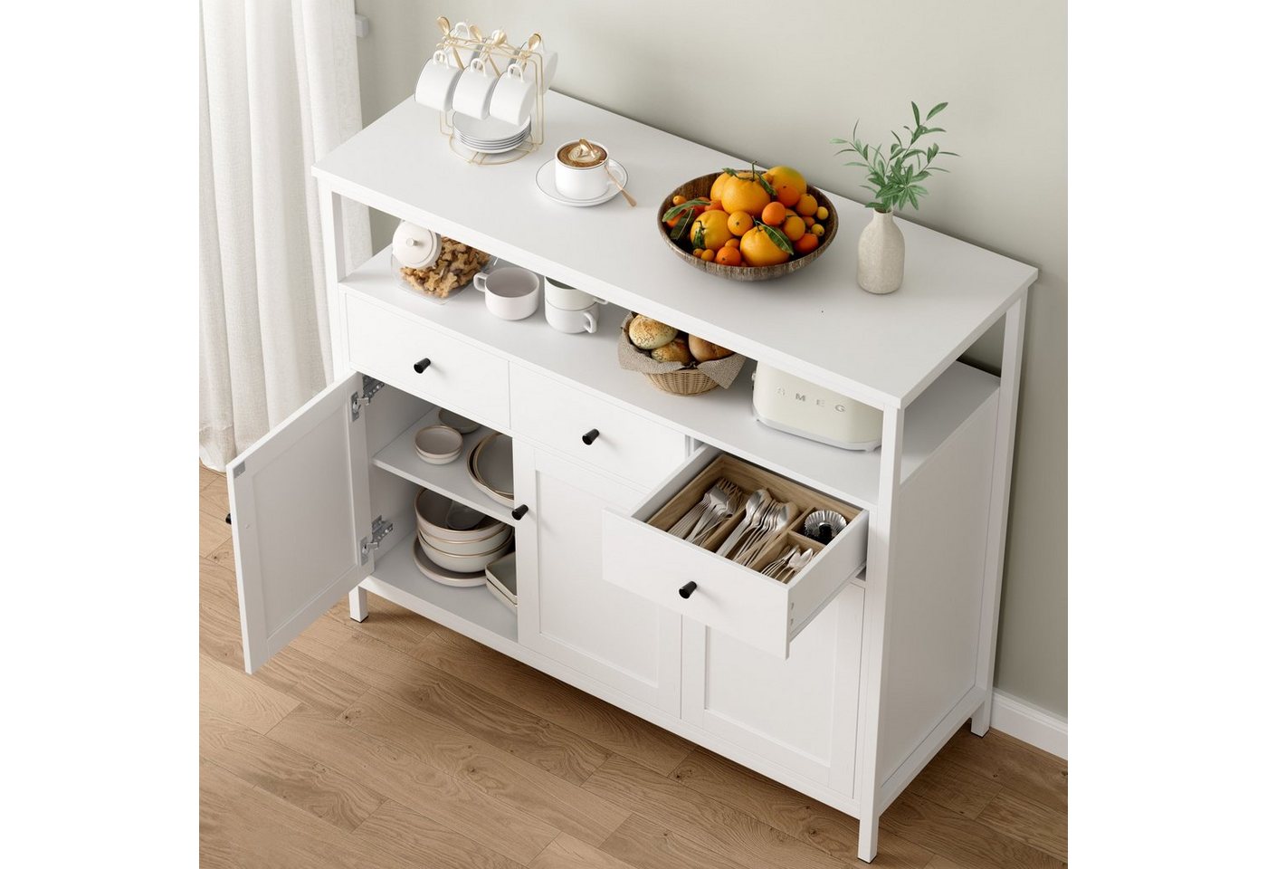 Homfa Sideboard Küchenschrank, mit 3 Schubladen 3 Türen Buffetschrank weiß 108x38x98,5cm – Bild 5 von 5