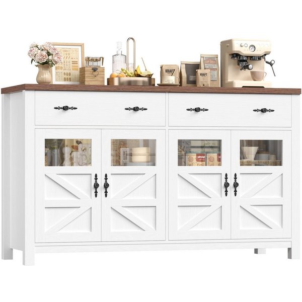Homfa Sideboard Küchenschrank Buffetschrank Küchenbuffet, mit 2 Schubladen 4 Glastüren für Wohnzimmer Küche 140x40x90 cm weiß