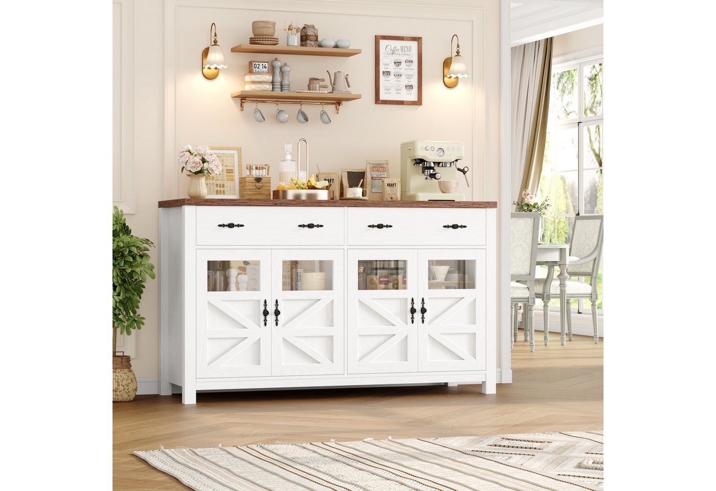 Homfa Sideboard Küchenschrank Buffetschrank Küchenbuffet, mit 2 Schubladen 4 Glastüren für Wohnzimmer Küche 140x40x90 cm weiß – Bild 2 von 5