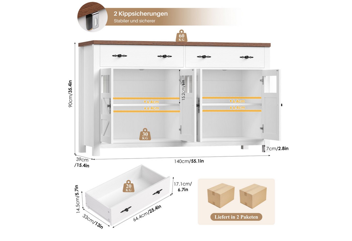 Homfa Sideboard Küchenschrank Buffetschrank Küchenbuffet, mit 2 Schubladen 4 Glastüren für Wohnzimmer Küche 140x40x90 cm weiß – Bild 3 von 5
