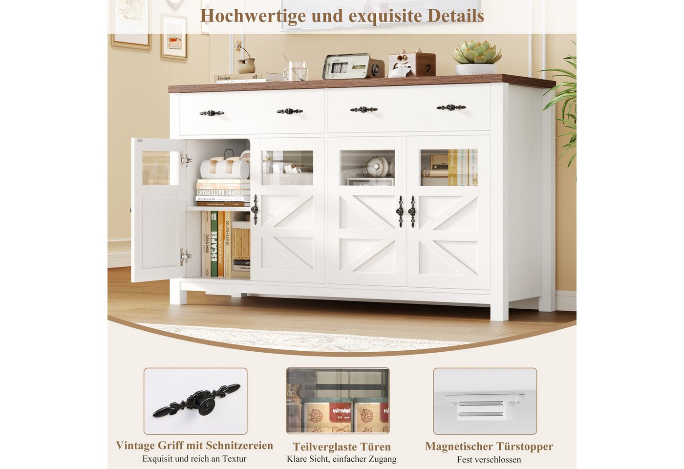 Homfa Sideboard Küchenschrank Buffetschrank Küchenbuffet, mit 2 Schubladen 4 Glastüren für Wohnzimmer Küche 140x40x90 cm weiß – Bild 4 von 5