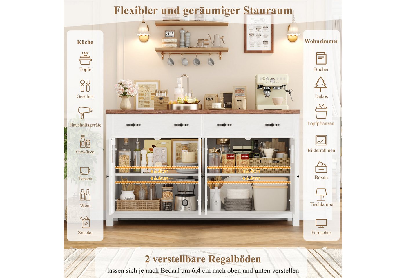 Homfa Sideboard Küchenschrank Buffetschrank Küchenbuffet, mit 2 Schubladen 4 Glastüren für Wohnzimmer Küche 140x40x90 cm weiß – Bild 5 von 5