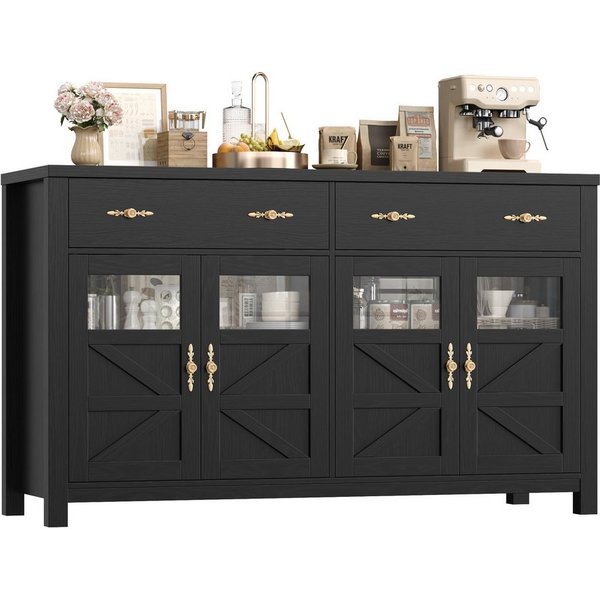 Homfa Sideboard Küchenschrank Buffetschrank Küchenbuffet, mit 2 Schubladen 4 Glastüren für Wohnzimmer Küche 140x40x90 cm schwarz
