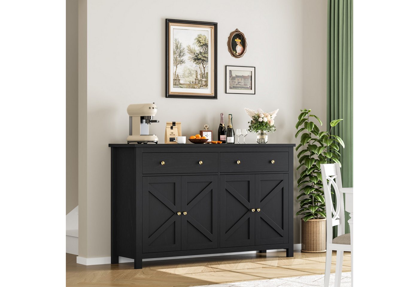 Homfa Sideboard Küchenschrank, mit 2 Schubladen 4 Türen, verstellbare Ablage, Breite 140 cm – Bild 2 von 5