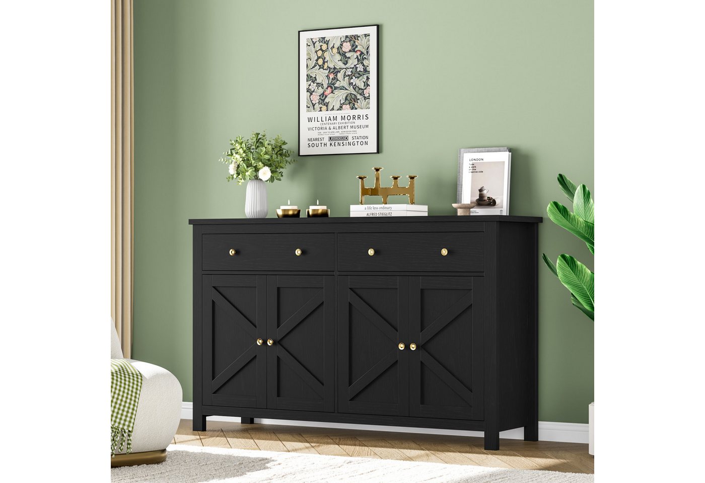 Homfa Sideboard Küchenschrank, mit 2 Schubladen 4 Türen, verstellbare Ablage, Breite 140 cm – Bild 3 von 5