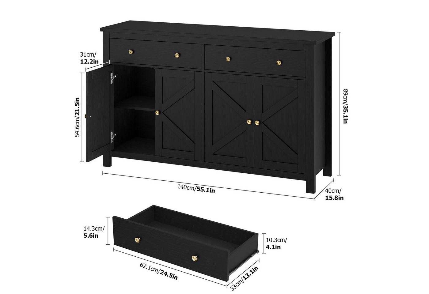 Homfa Sideboard Küchenschrank, mit 2 Schubladen 4 Türen, verstellbare Ablage, Breite 140 cm – Bild 4 von 5