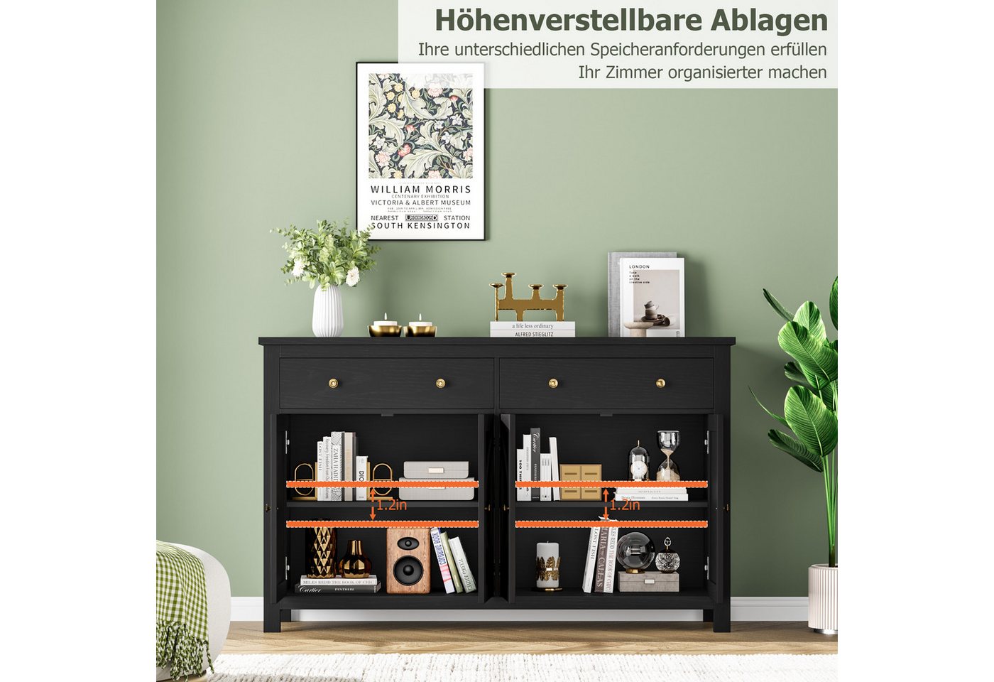 Homfa Sideboard Küchenschrank, mit 2 Schubladen 4 Türen, verstellbare Ablage, Breite 140 cm – Bild 5 von 5