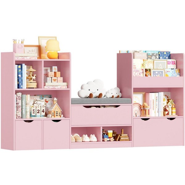 Homfa Sitzbank Kinderregal mit 3 Schubladen auf Räder 183x94x29,8 cm, Spielzeugregal mit 7 offenen Fächern Spielzeugtruhe weiß