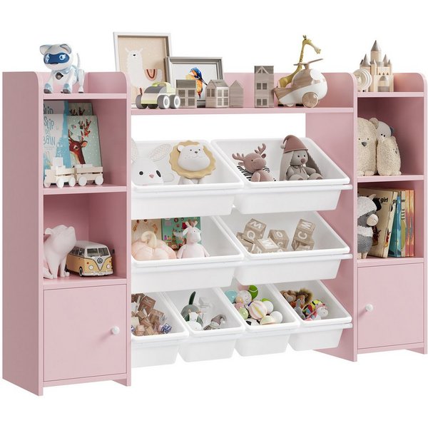 Homfa Spielzeugtruhe, Kinderregal Bücherregal Spiegelregal mit 8 Boxen weiß 138x29x94 cm
