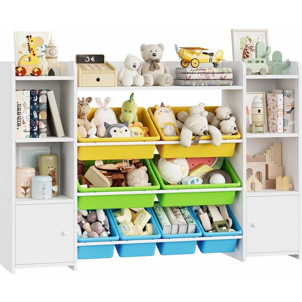Homfa Spielzeugtruhe, Kinderregal Bücherregal Spiegelregal mit 8 Boxen weiß 138x29x94 cm