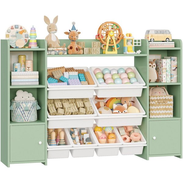 Homfa Spielzeugtruhe, Kinderregal Bücherregal Spiegelregal mit 8 Boxen weiß 138x29x94 cm