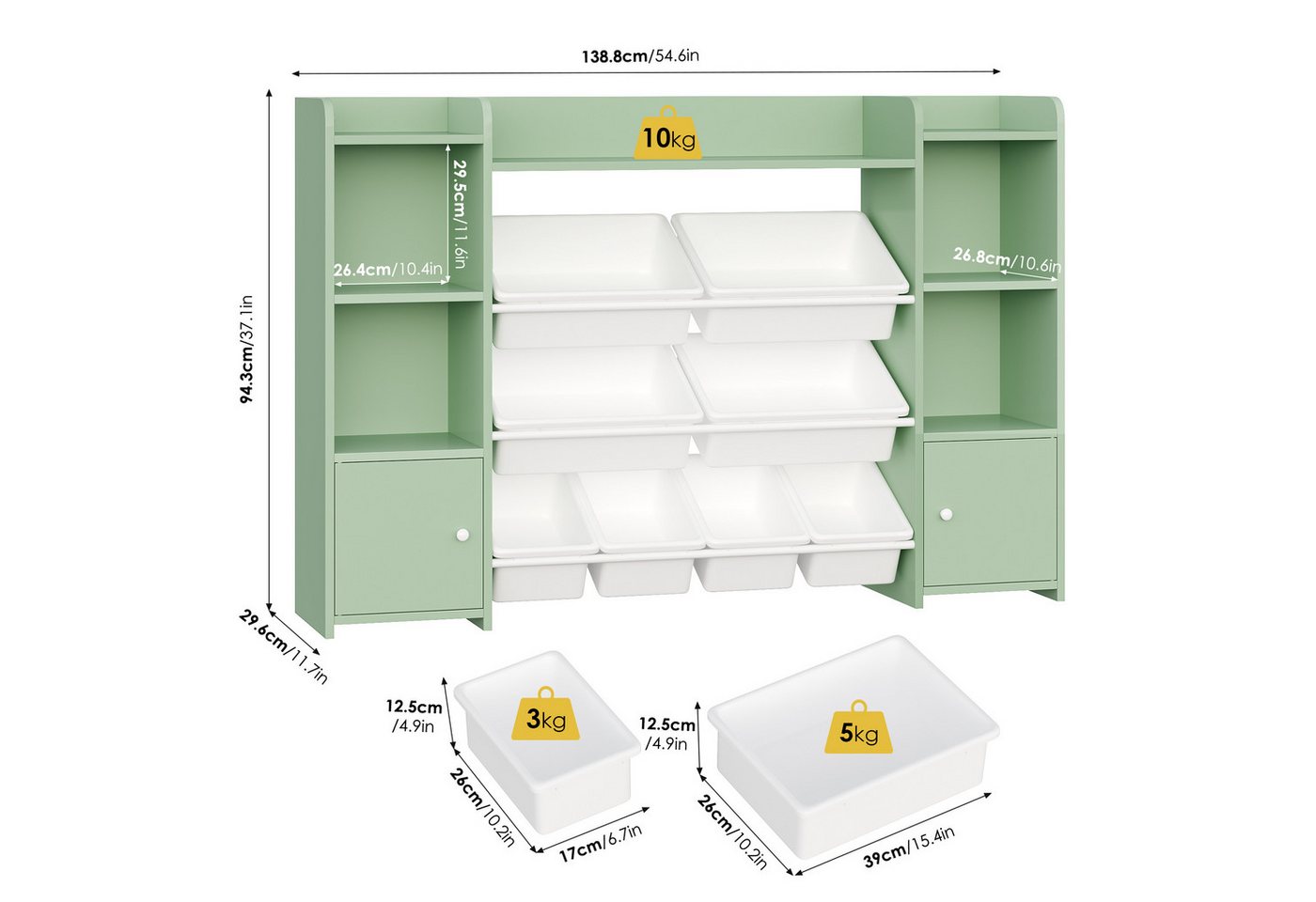 Homfa Spielzeugtruhe, Kinderregal Bücherregal Spiegelregal mit 8 Boxen weiß 138x29x94 cm – Bild 3 von 5