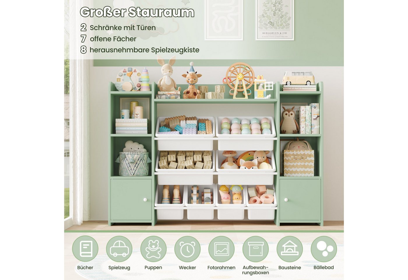 Homfa Spielzeugtruhe, Kinderregal Bücherregal Spiegelregal mit 8 Boxen weiß 138x29x94 cm – Bild 4 von 5