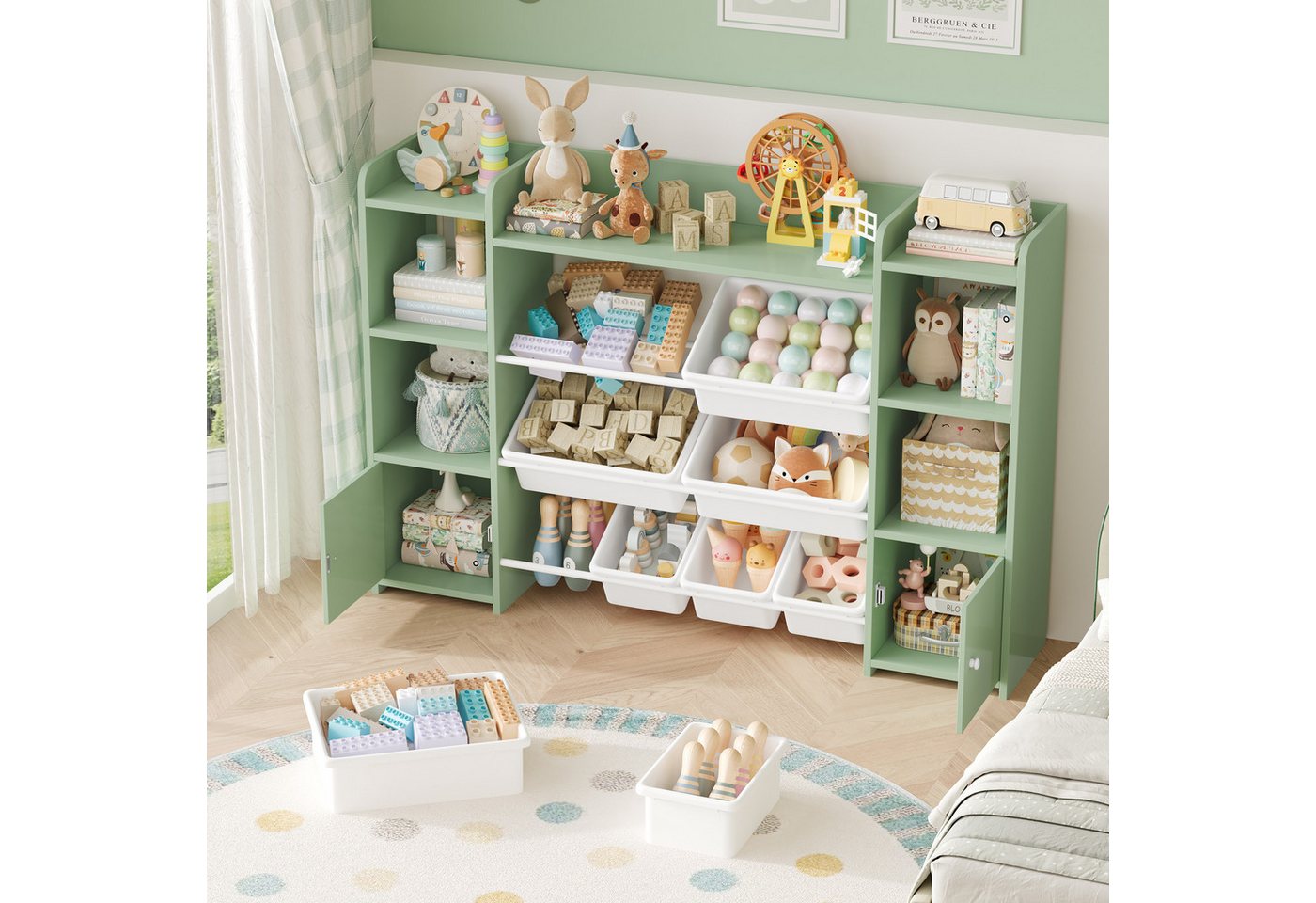 Homfa Spielzeugtruhe, Kinderregal Bücherregal Spiegelregal mit 8 Boxen weiß 138x29x94 cm – Bild 5 von 5