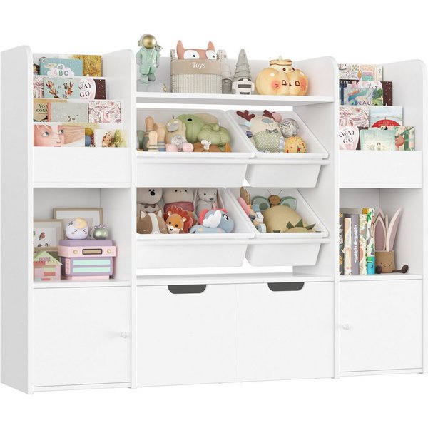 Homfa Spielzeugtruhe Kinderregal mit 2 Schubladen auf Rollen & 4 Boxen Bücherregal, Kinderbücherregal Spiegelregal mit Tür 122x100x30 cm weiß