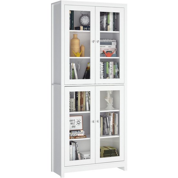 Homfa Vitrine Vitrinenschrank, Bücherschrank, 190 cm Hochschrank mit 4 Glastüren, 6 Fächern, 80x33x190cm, Weiß, aus Holz