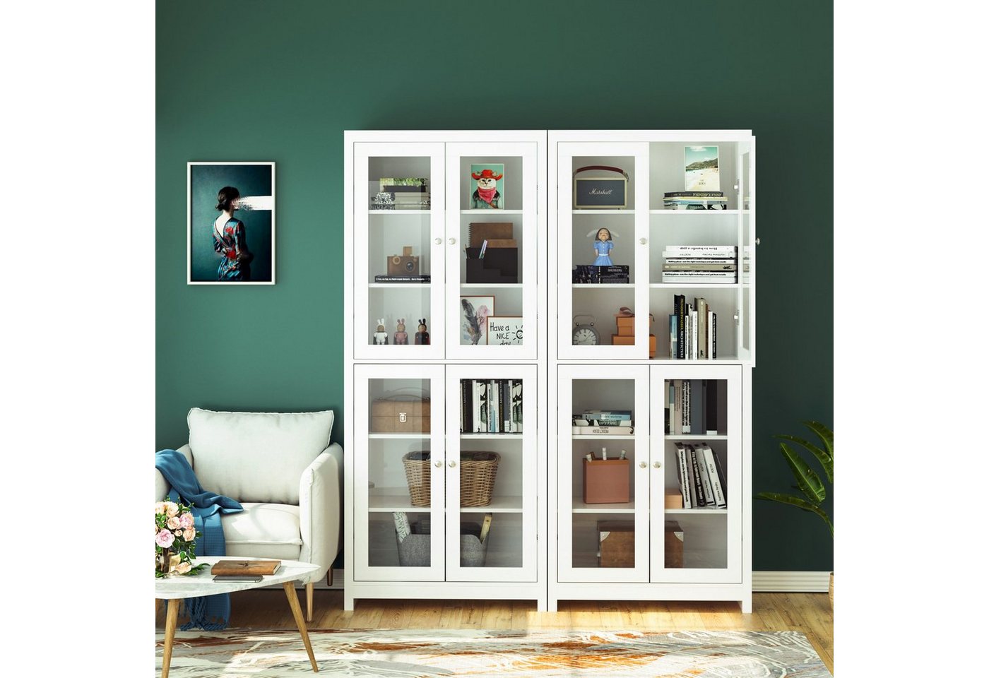 Homfa Vitrine Vitrinenschrank, Bücherschrank, 190 cm Hochschrank mit 4 Glastüren, 6 Fächern, 80x33x190cm, Weiß, aus Holz – Bild 2 von 5
