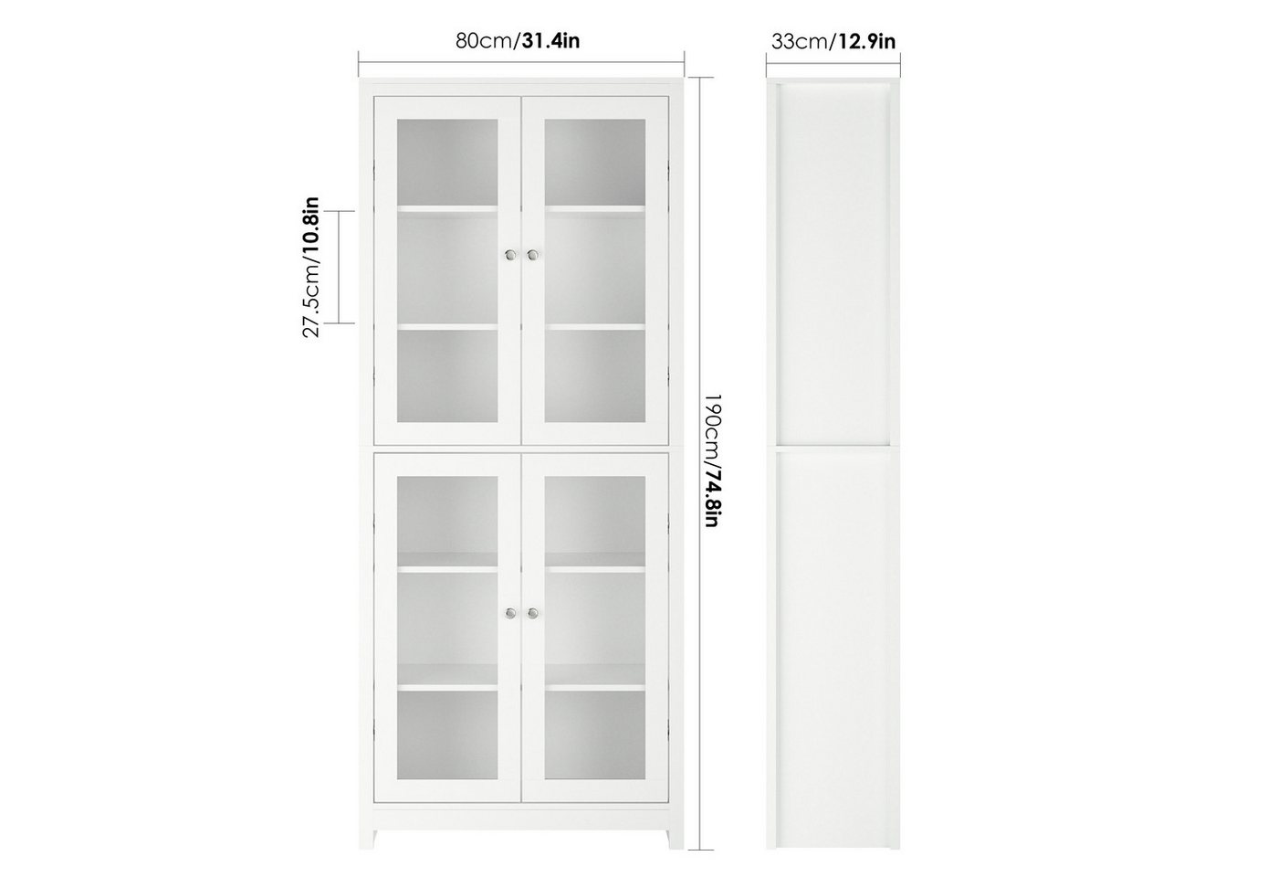 Homfa Vitrine Vitrinenschrank, Bücherschrank, 190 cm Hochschrank mit 4 Glastüren, 6 Fächern, 80x33x190cm, Weiß, aus Holz – Bild 3 von 5