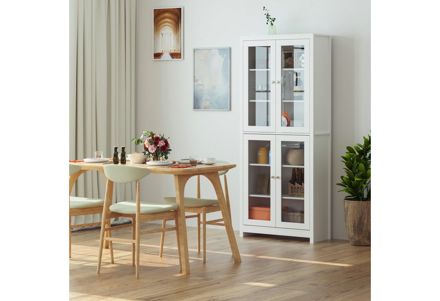 Homfa Vitrine Vitrinenschrank, Bücherschrank, 190 cm Hochschrank mit 4 Glastüren, 6 Fächern, 80x33x190cm, Weiß, aus Holz – Bild 4 von 5