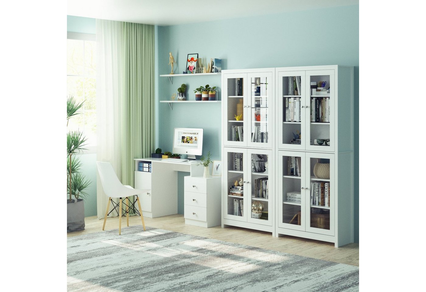 Homfa Vitrine Vitrinenschrank, Bücherschrank, 190 cm Hochschrank mit 4 Glastüren, 6 Fächern, 80x33x190cm, Weiß, aus Holz – Bild 5 von 5