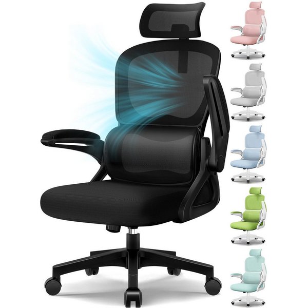 Homimaster Bürostuhl Bürostuhl, Schreibtischstuhl Ergonomisch mit Klappbaren Armlehnen (Bürostuhl mit Verstellbarer Kopfstütze, 90° Klappbare Armlehnen und Lend