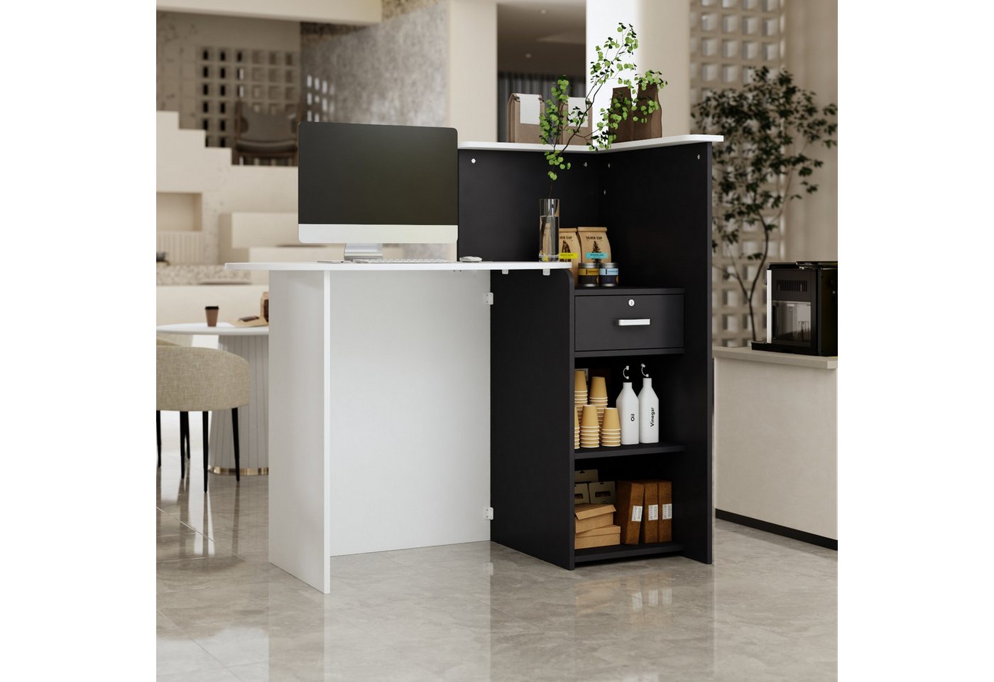HOMSEE Empfangstheke mit Schublade & Ablagefächern, für Café, Büro & Salon, 121x60x110cm (1-St), Rezeptionstisch, Rezeptionstheke, Modern Dunkelgrau-Weiß – Bild 4 von 5