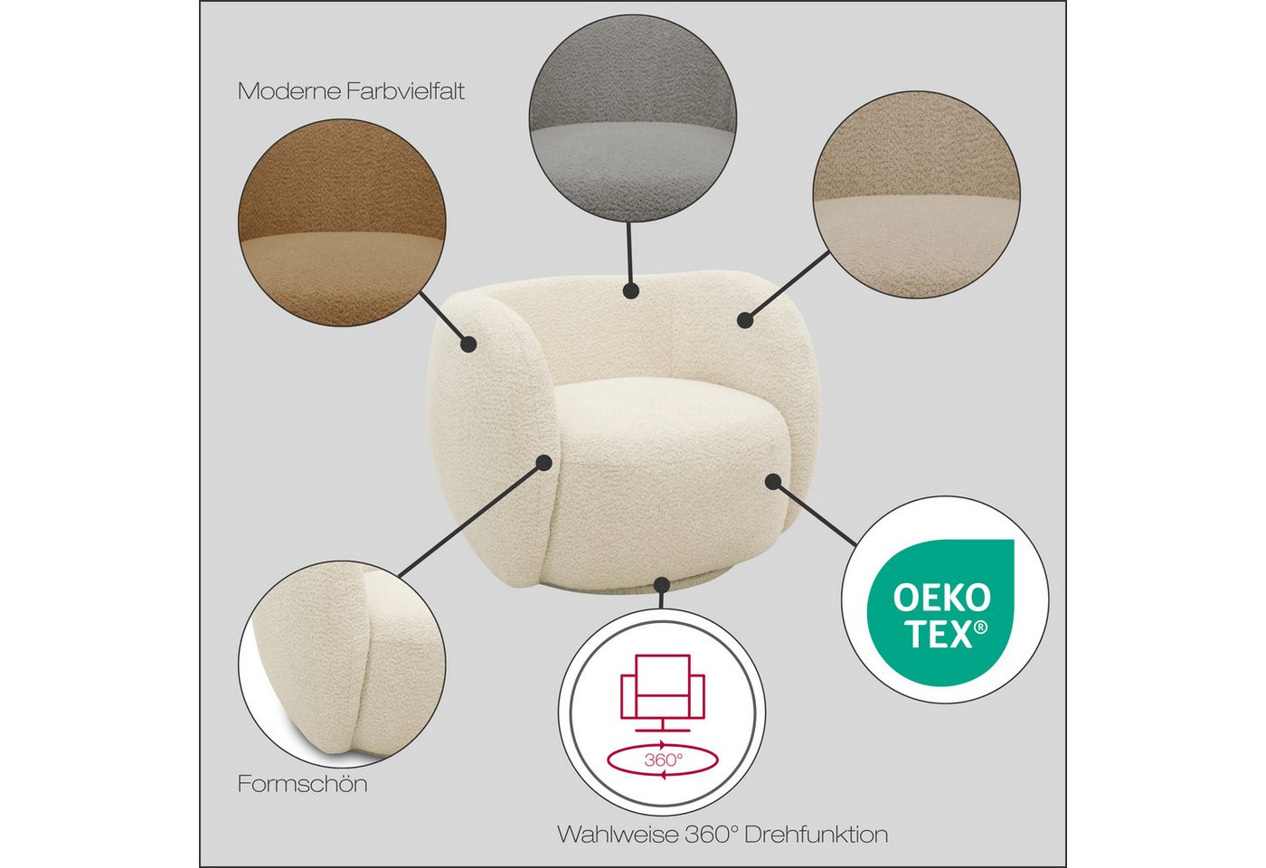 homsy by Ana Johnson Sessel Pebbla, exklusiver, formschöner Designsessel, Drehsessel, Mit oder ohne Drehfunktion, in Luxus-Microfaser oder Chenille – Bild 3 von 5