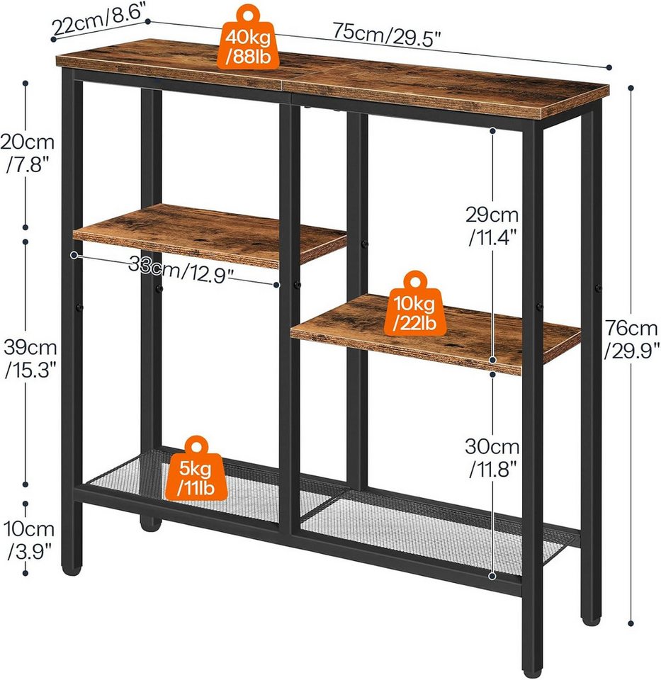Hoobro Konsolentisch Schmaler Konsolentisch, 75 cm Beistelltisch, Flurtisch, schmale Bauweise, treppenförmige Ablagen, platzsparendes Design – Bild 2 von 5