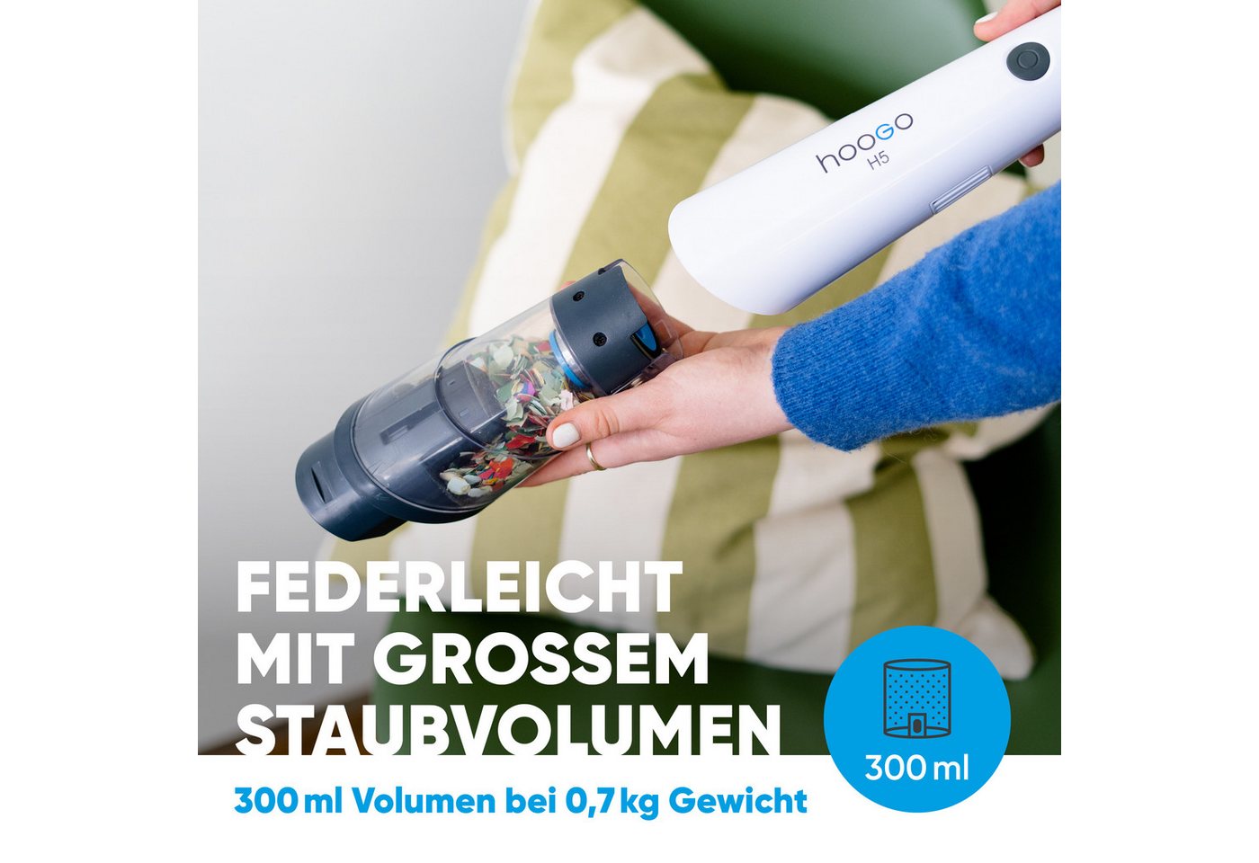 hoogo Handstaubsauger HH502, 120,00 W, beutellos, High-Performance-Digitalmotor + motorisierte Polster- und Milbendüse – Bild 5 von 5