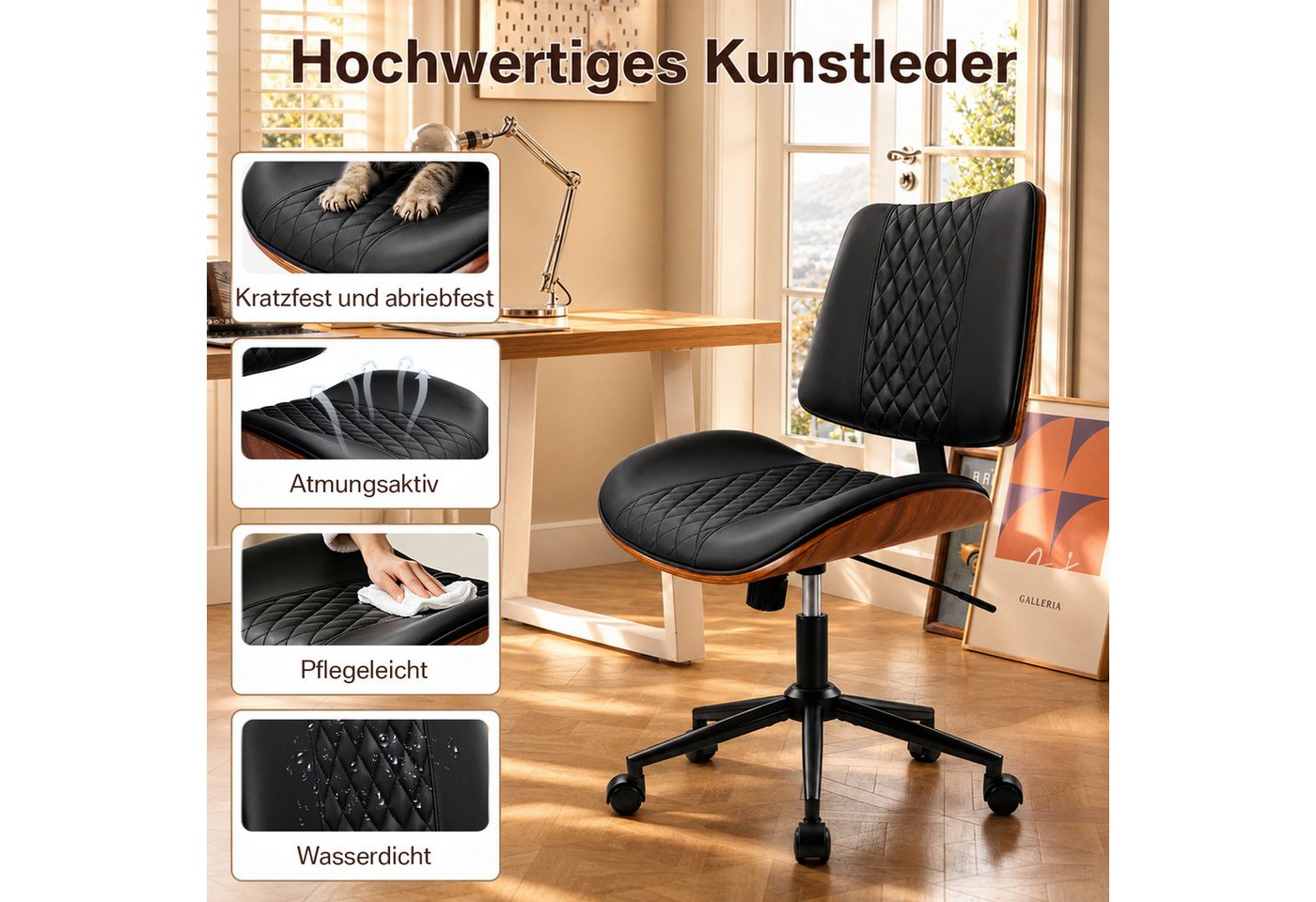 Hoolamyie Schreibtischstuhl, Bürostuhl, PU-Kunstleder mit Holzoptik, 360° drehbar (Drehstuhl im Retro‑Design, höhenverstellbar, verstellbare Rückenlehne, Bürost – Bild 2 von 5