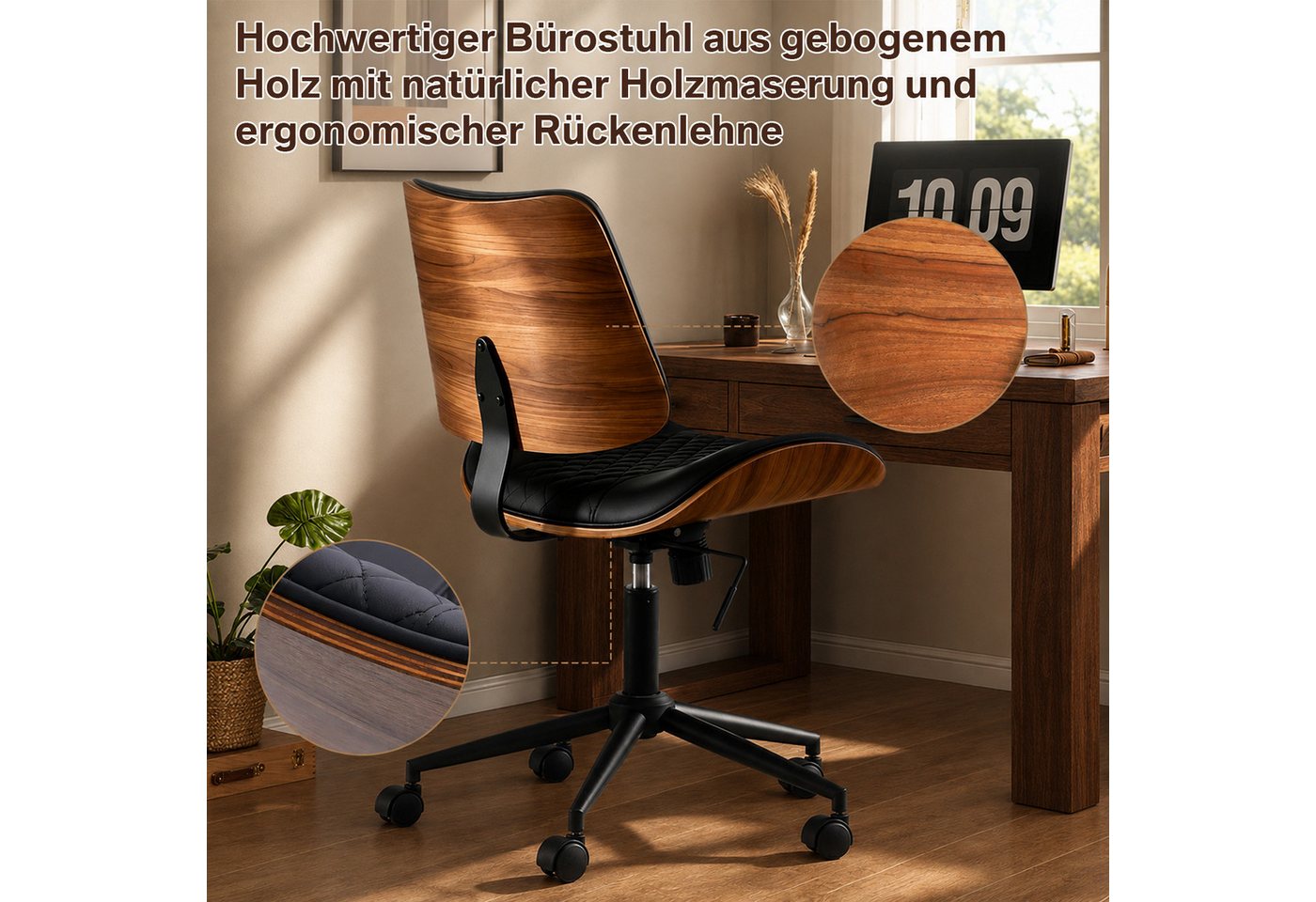 Hoolamyie Schreibtischstuhl, Bürostuhl, PU-Kunstleder mit Holzoptik, 360° drehbar (Drehstuhl im Retro‑Design, höhenverstellbar, verstellbare Rückenlehne, Bürost – Bild 3 von 5