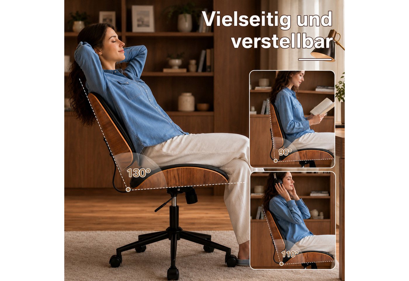 Hoolamyie Schreibtischstuhl, Bürostuhl, PU-Kunstleder mit Holzoptik, 360° drehbar (Drehstuhl im Retro‑Design, höhenverstellbar, verstellbare Rückenlehne, Bürost – Bild 5 von 5