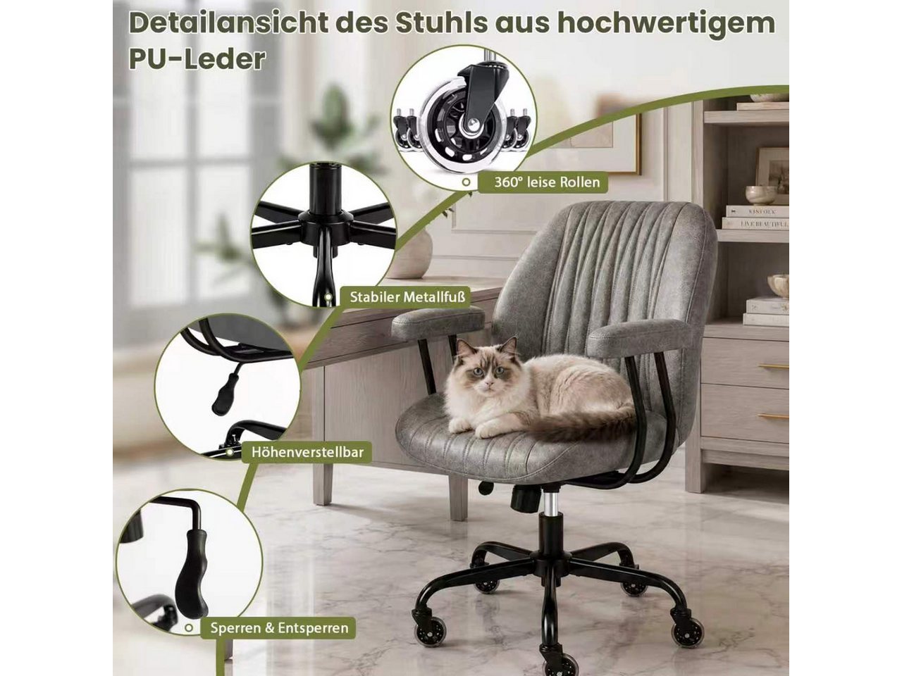 Hoolamyie Schreibtischstuhl, Bürostuhl, PU-Kunstleder mit Holzoptik, 360° drehbar (Drehstuhl im Retro‑Design, höhenverstellbar, verstellbare Rückenlehne, Bürost – Bild 2 von 5