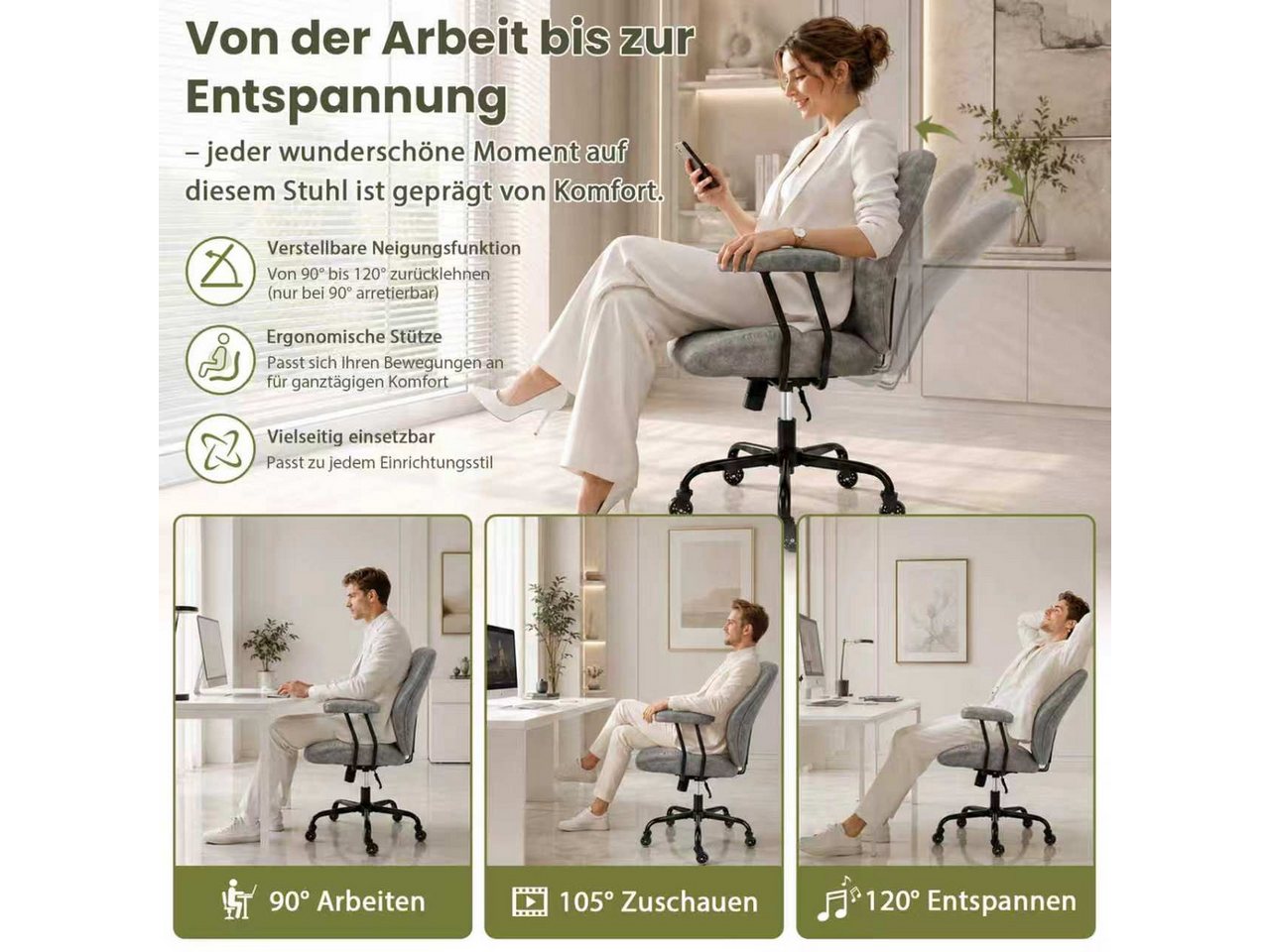 Hoolamyie Schreibtischstuhl, Bürostuhl, PU-Kunstleder mit Holzoptik, 360° drehbar (Drehstuhl im Retro‑Design, höhenverstellbar, verstellbare Rückenlehne, Bürost – Bild 3 von 5