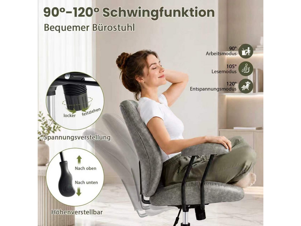 Hoolamyie Schreibtischstuhl, Bürostuhl, PU-Kunstleder mit Holzoptik, 360° drehbar (Drehstuhl im Retro‑Design, höhenverstellbar, verstellbare Rückenlehne, Bürost – Bild 4 von 5