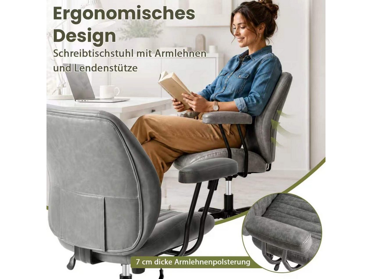 Hoolamyie Schreibtischstuhl, Bürostuhl, PU-Kunstleder mit Holzoptik, 360° drehbar (Drehstuhl im Retro‑Design, höhenverstellbar, verstellbare Rückenlehne, Bürost – Bild 5 von 5
