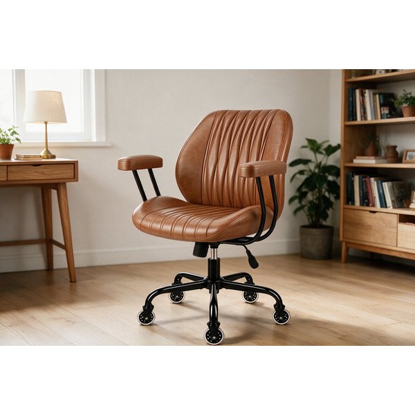 Hoolamyie Schreibtischstuhl, Bürostuhl, PU-Kunstleder mit Holzoptik, 360° drehbar (Drehstuhl im Retro‑Design, höhenverstellbar, verstellbare Rückenlehne, Bürost