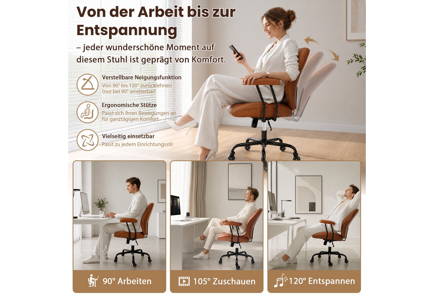 Hoolamyie Schreibtischstuhl, Bürostuhl, PU-Kunstleder mit Holzoptik, 360° drehbar (Drehstuhl im Retro‑Design, höhenverstellbar, verstellbare Rückenlehne, Bürost – Bild 3 von 5